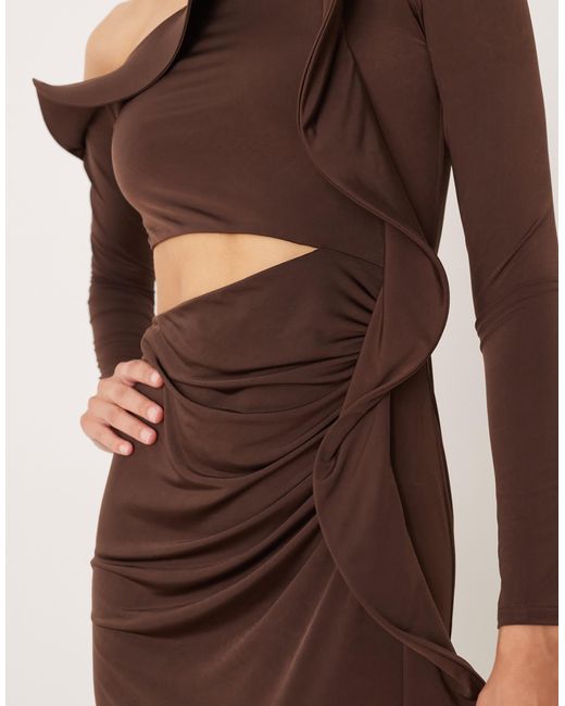 ASOS Natural Long Sleeve Structured Ruffle Midi Dress With Cut Out Detail