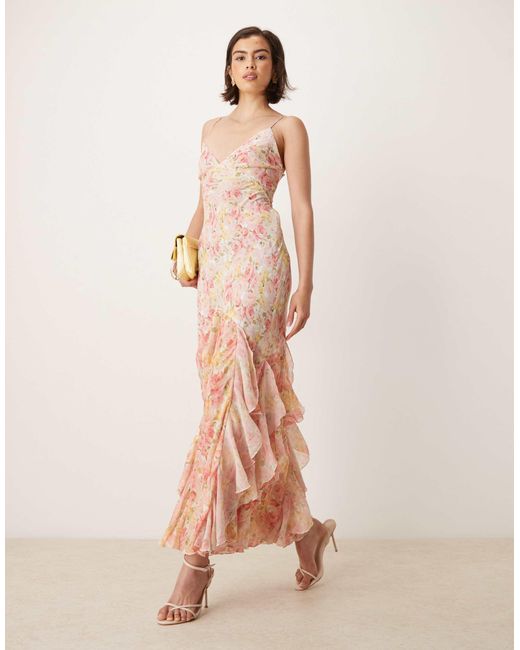 For Love & Lemons Pink For love & lemons – elea – maxikleid mit rüschen, rückenschnürung und pfirsichfarbenem blumenmuster