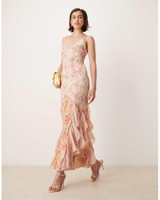 For Love & Lemons Pink Elea Ruffle Maxi Dress With Lace Up Back