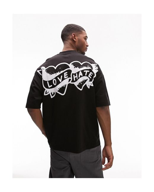 T-shirt super oversize nera con stampa "love hate" davanti e dietro di Topman in Black da Uomo