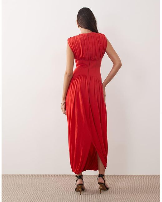 ARRANGE Red Gathe Drape Maxi Dress With Cinched Waist