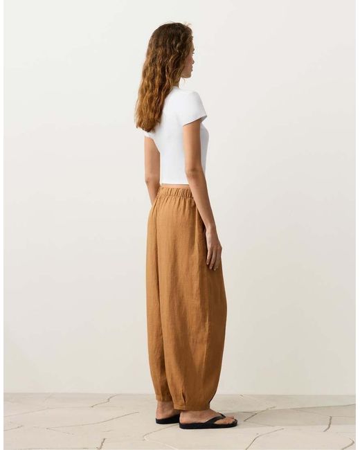 Oysho Natural 100% Linen Pleated Balloon Trousers