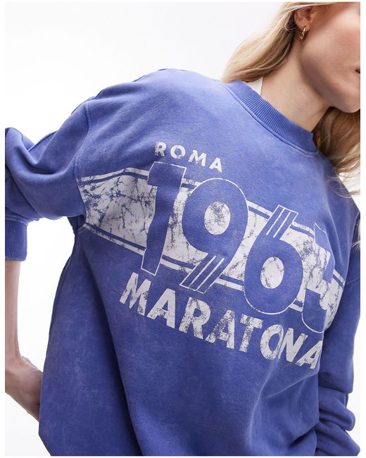 Felpa oversize lavaggio vintage con grafica "1863 maratona" di TOPSHOP in Blue
