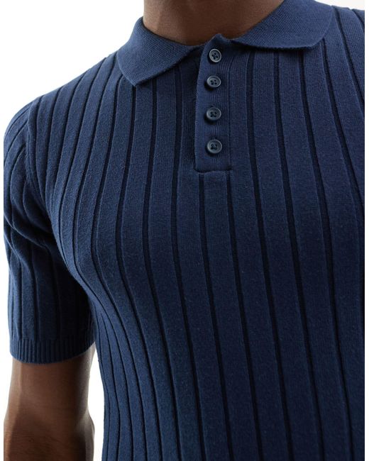 ASOS – leichtes, körperbetontes polo-t-shirt aus rippstrick in Blue für Herren