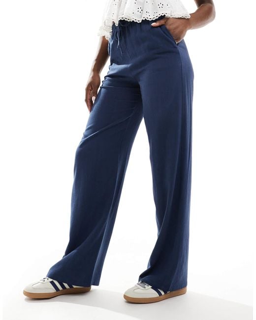 Stradivarius Blue Linen Look Pull On Trouser