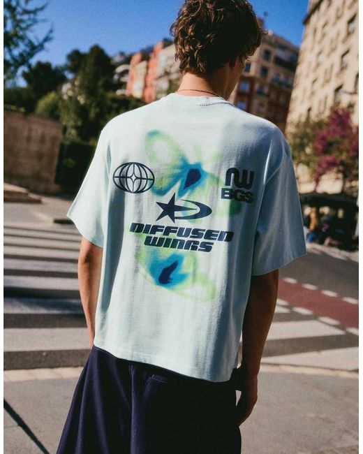 Bershka Blue Boxy Oversized Fit Print T-shirt for men