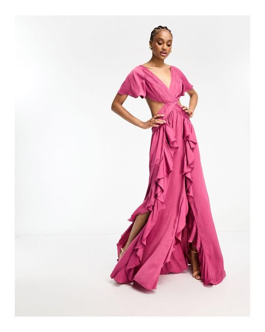 ASOS Pink Asos Design Tall Satin Ruffle Flutter Sleeve Maxi Dress With Cut Out Waist