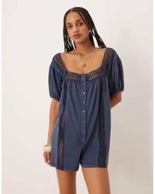 ASOS Blue Broderie Square Neck Button Down Puff Sleeve Playsuit