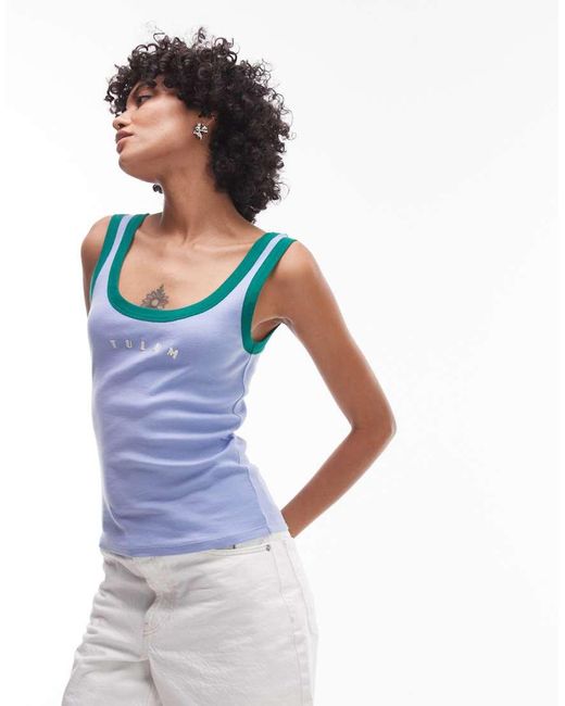 TOPSHOP Blue Embroidered Tulum Contrast Rib Vest