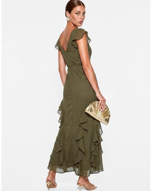 Maya Green Floral Embroidery V-Back Ruffle Midaxi Dress