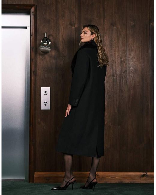 ASOS Black Wool Blend Dad Coat With Faux Fur Collar