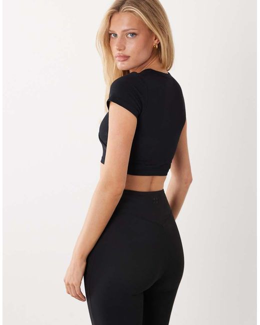 4505 Black Seamless Baby Rib Wrap Front Short Sleeve Top
