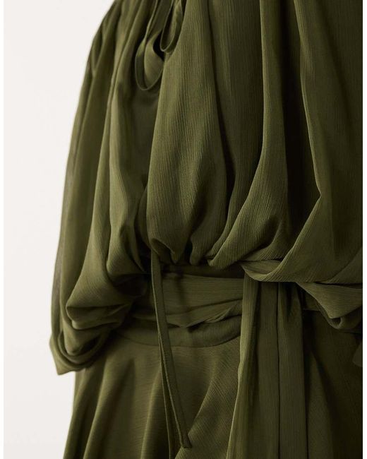 Lioness Green Elements Chiffon Drape Detail Balloon Sleeve Tie Waist Mini Dress
