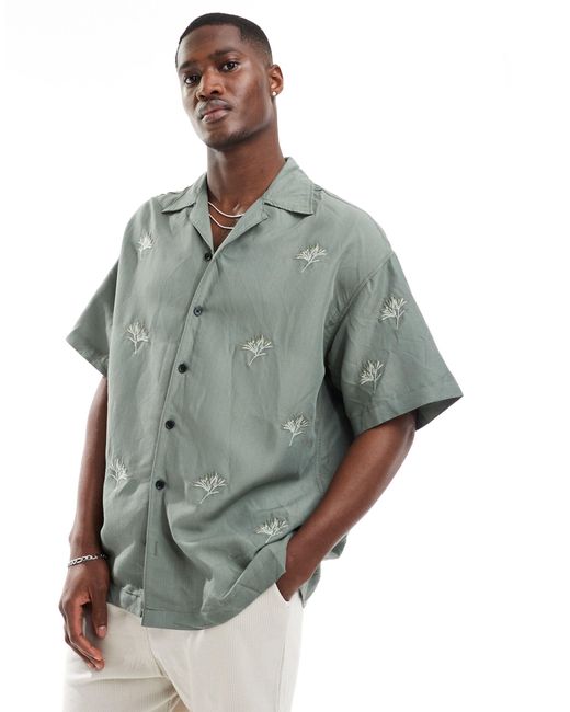 Chemise coupe carrée avec col à revers et fleurs brodées - kaki Jack & Jones pour homme en coloris Gray