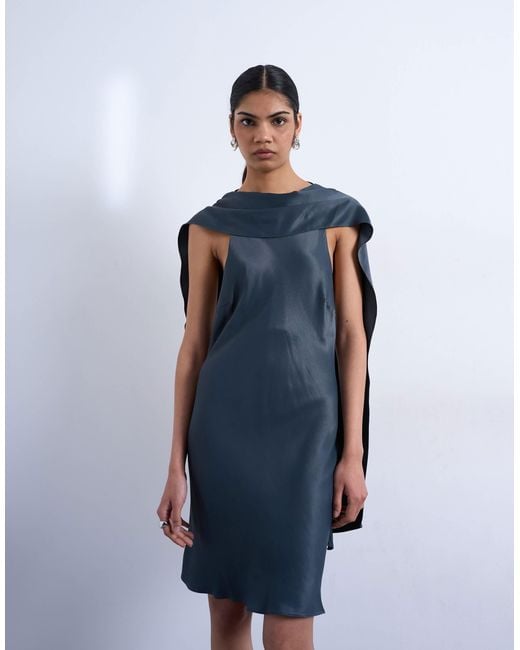 TOPSHOP Blue Satin Scarf Neck Mini Dress