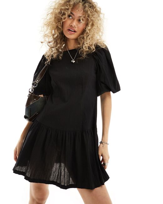 Monki Black Short Balloon Sleeve Mini Dress With Pleated Volume Bottom
