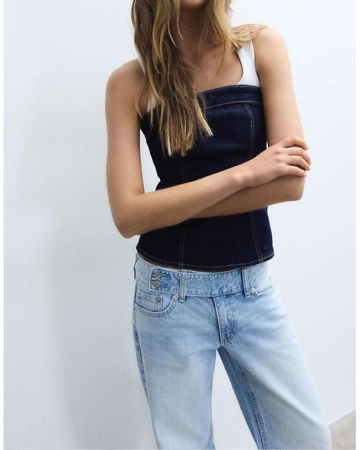 Stradivarius Blue Low-Waist Straight-Leg Hammer-Loop Jeans