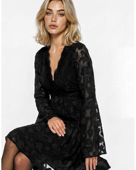 Lovedrobe Black Floral Burnout Lace Detail Long Sleeve Mini Dress