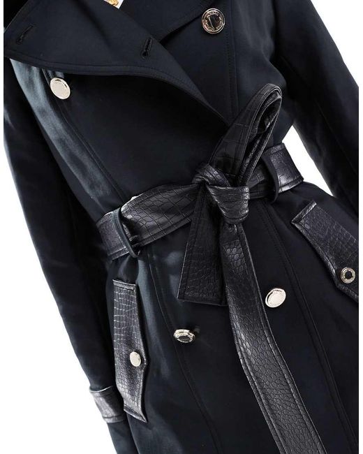 Morgan Blue Trench Coat With Leather Look Contrast