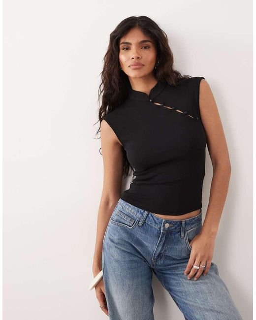Gina Tricot Blue Mandarin Collar Top