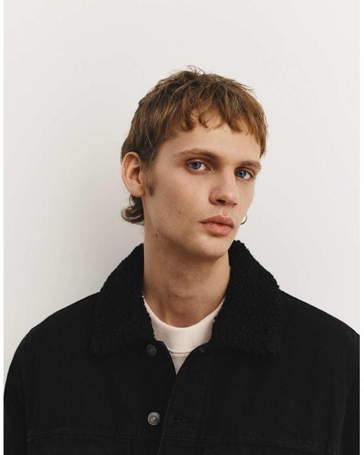 Pull&Bear Black Denim Jacket With Faux Shearling Collar for men