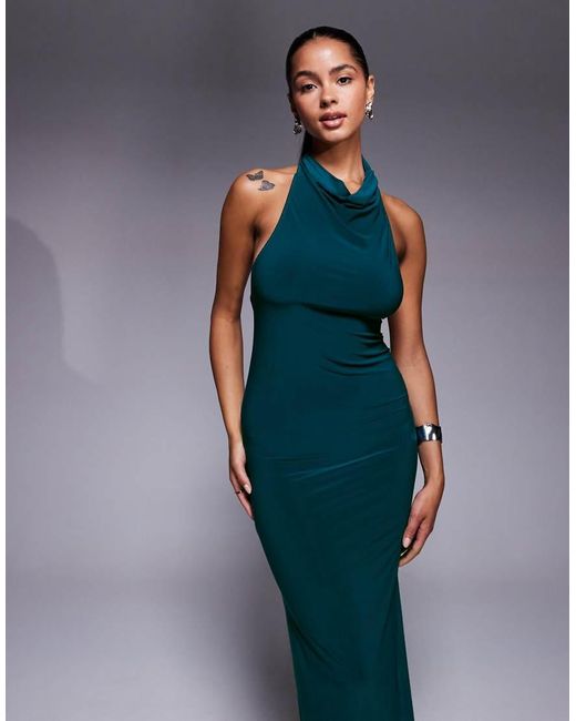 ASOS Blue Halter Draped Maxi Dress With Open Back