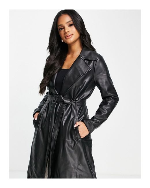 Missguided Faux Leather Trench Coat in Black | Lyst Canada