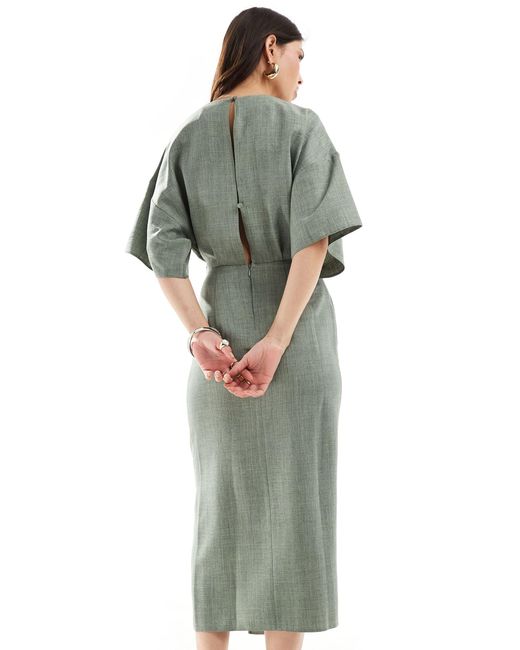 ASOS Green Angel Sleeve Drape Waist Tab Detail Midi Dress