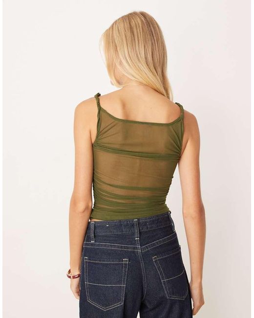 ASOS Twist Sheer Mesh Ruched Side Top in Green | Lyst UK