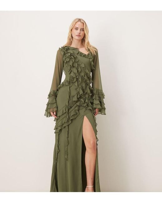 ASOS Green Asos Design Tall Chiffon Long Sleeve Asymmetric Tiered Soft Ruffle Maxi Dress