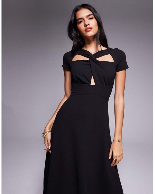Goddiva Black Crepe Twist Cutout Midi Dress