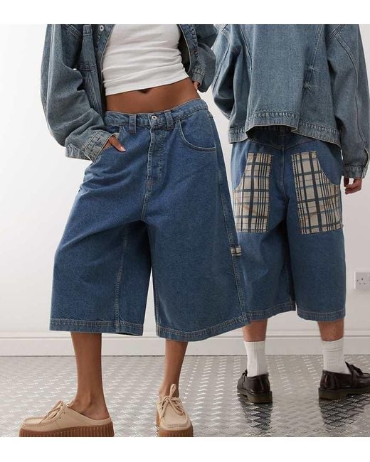 Collusion Blue Unisex Low Rise Check Jort