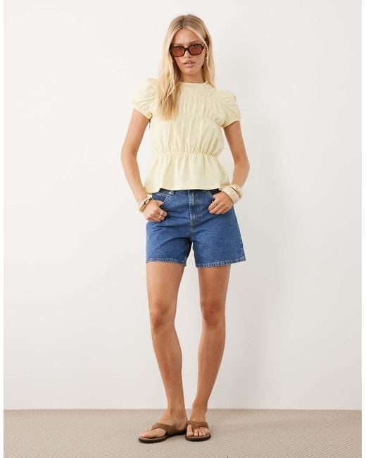 ASOS Natural Shirred Crepe Puff Sleeve Top