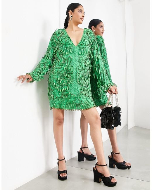 ASOS Green V Neck Embellished Mini Shift Dress With Teardrop Beads