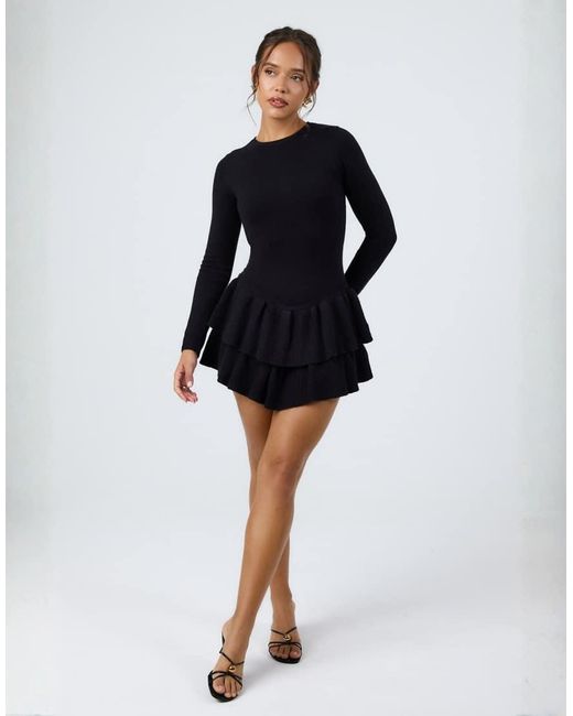 Aria Cove Black Knitted Long Sleeve Ruffle Skirt Mini Dress
