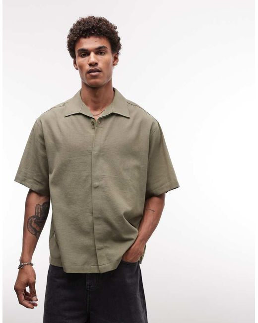 ASOS Green Oversized Khaki Shirt With Revere Collar And Concealed Placket for men