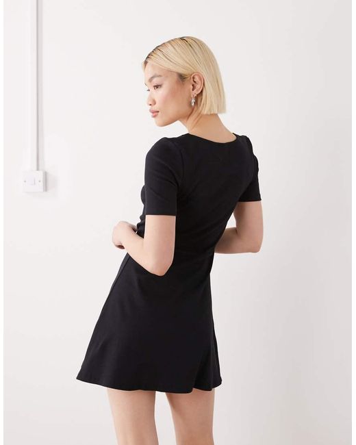 Noisy May Black Ribbed Square Neck Mini Skater Dress With Ruche Detail
