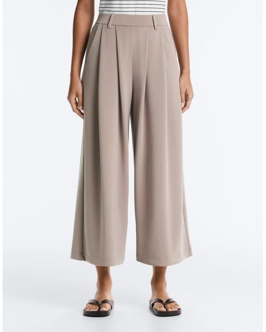 Oysho White Soft-touch Wide-leg Crop Trousers With Modal And Pleats