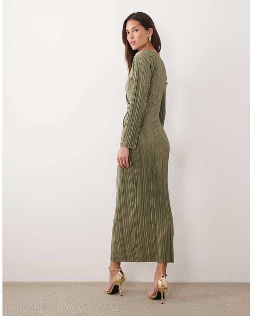 ASOS Green Plisse Long Sleeve Wrap Tie Waist Maxi Dress