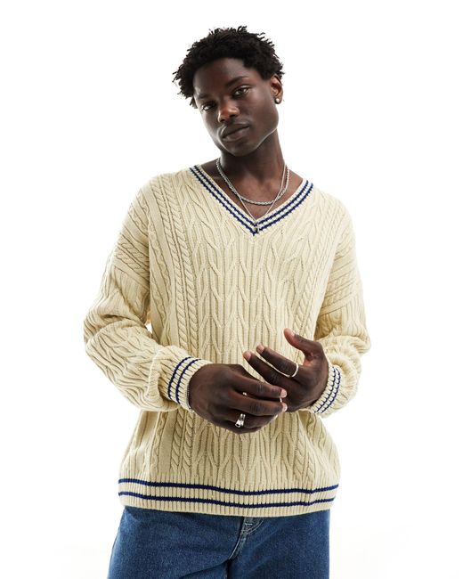 ASOS White Oversized Cable Knit Cricket Jumper for men
