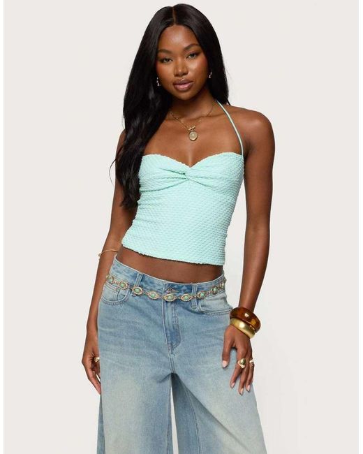 Edikted Blue Zoee Twisted Textured Halter Top