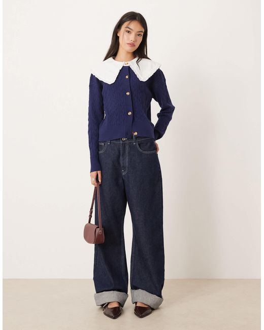 Glamorous Blue Cable Knit Dramatic Collar Cardigan