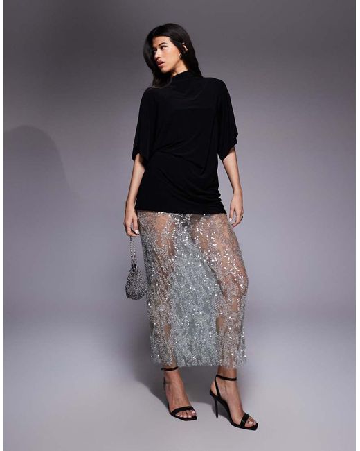 Vestido Largo Verde Con Diseño 2 En 1 De Camiseta De Manga Corta Y Falda De Encaje Con Lentejuelas De ASOS de color Blue