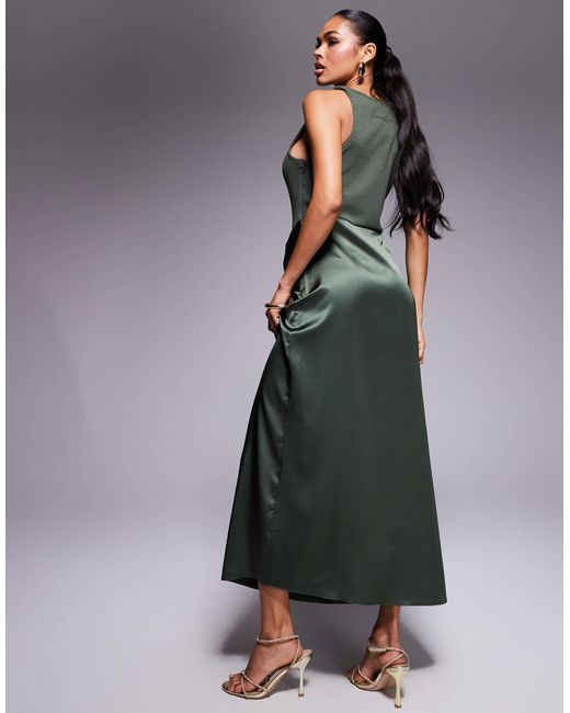 ASOS Gray Twist Strap Ribbed Midi Dress With Satin Knot Skirt