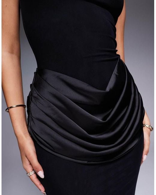 Wanderdoll Black Eman Sleeveless Slash Neck Satin Draped Waist Detail Bodycon Maxi Dress
