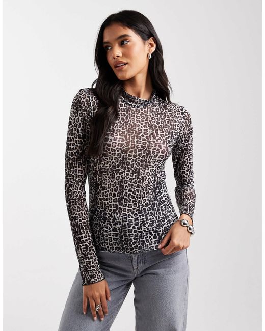 Pieces Gray – hochgeschlossenes oberteil aus netzstoff mit farblich abgestimmtem animalprint