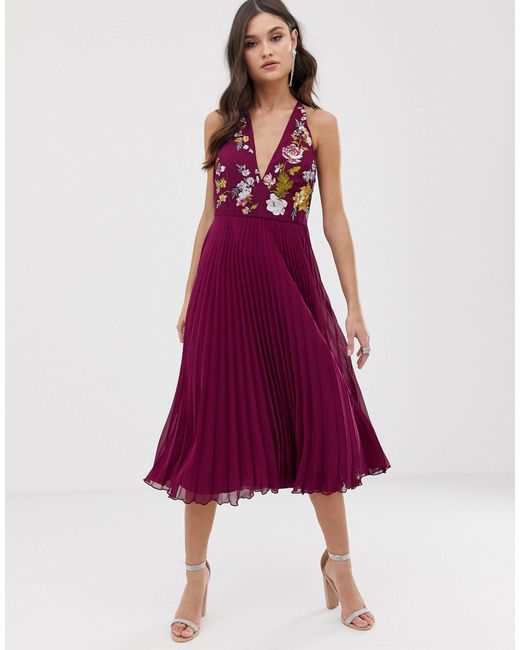 pleated embroidered midi dress