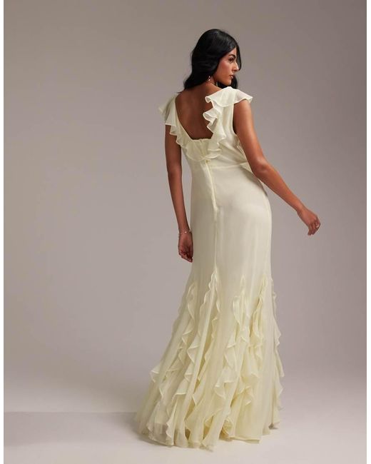 ASOS Natural Bridesmaids Flutter Sleeve Bias Maxi Dress With Godet Frill Hem