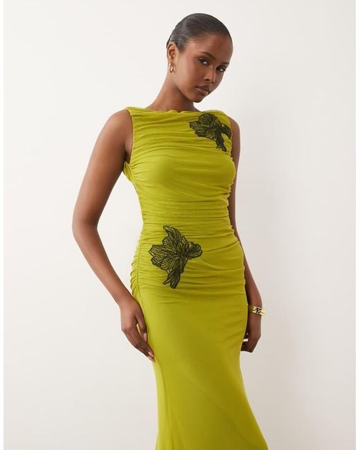 ASOS Green Ruched Mesh Maxi Dress With Floral Applique And Ruched Detail