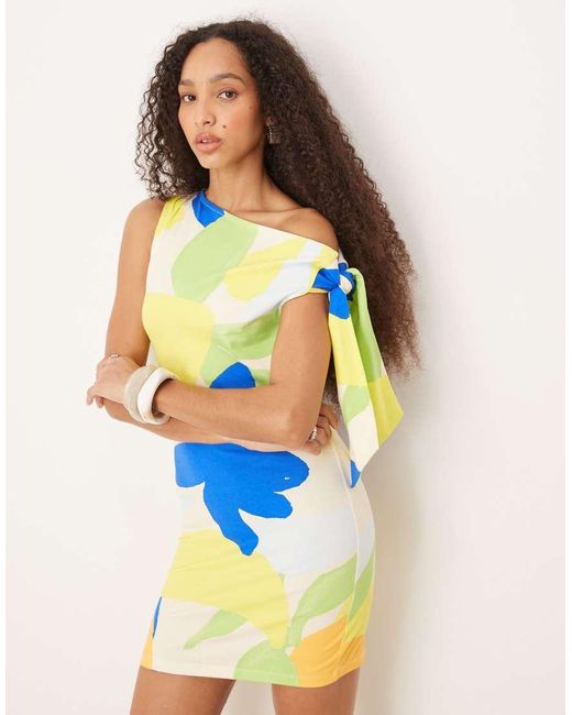 ASOS Blue One Shoulder Tie Knot Detail Mini Dress Enlarged Floral Print